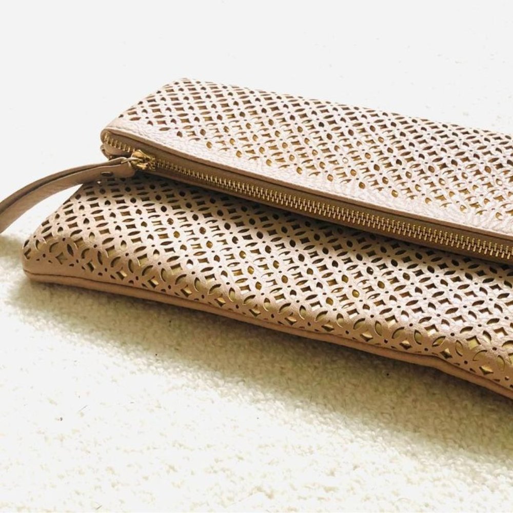 Madison West Vegan Leather Blush Fold-Over Clutch w/ Gold Accents